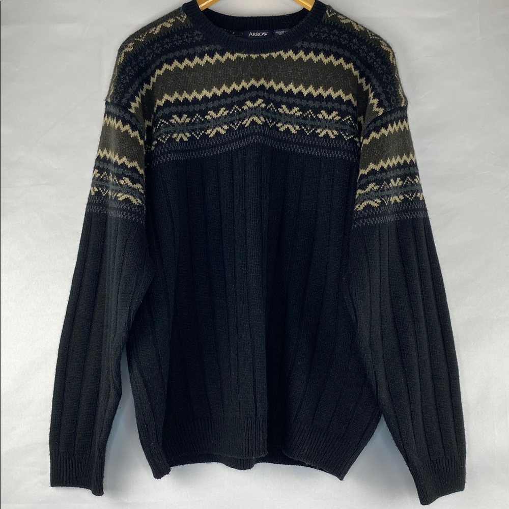 Vintage Arrow Men’s Black Fair Isle Knit Sweater Crewneck Long Sleeve Size Large